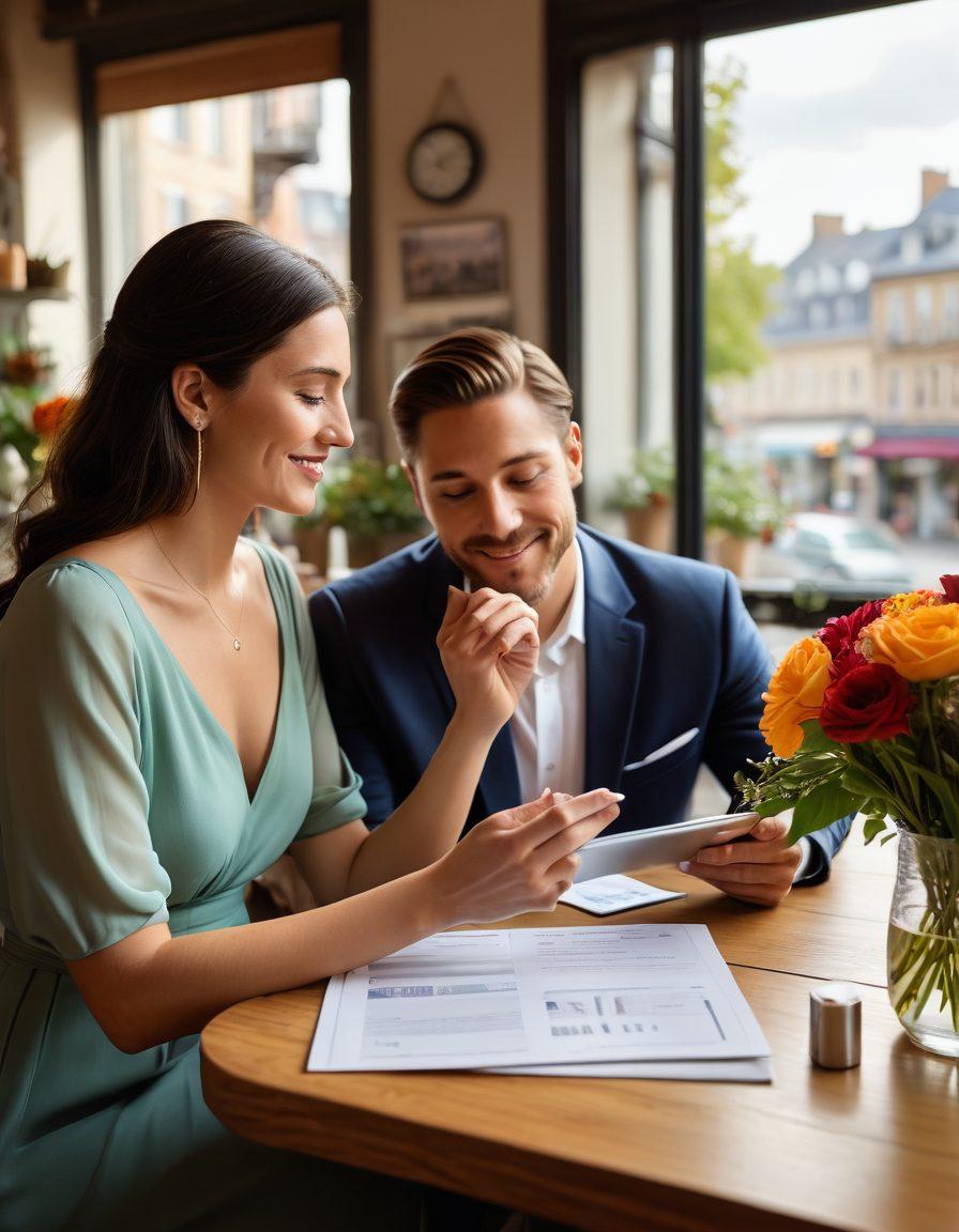 A cozy, romantic scene showcasing a diverse couple sitting together at a small café table, sharing a heartfelt conversation while looking at a tablet displaying insurance plans. Surrounding them are subtle symbols of love and life, like a bouquet of flowers and a wedding ring. The background softly blends elements of a serene cityscape and hints of paperwork. The overall feel is warm and inviting, emphasizing connection and security. super-realistic. vibrant colors. soft focus.