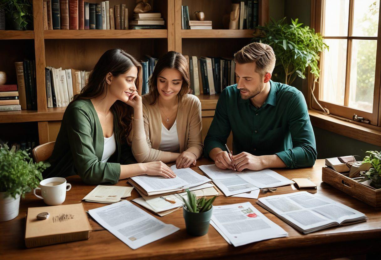 A couple sitting together at a table filled with financial documents, illustrated hearts symbolizing love intertwined with symbols of life and health insurance, a warm and cozy atmosphere with soft lighting, a background showing a comforting home environment filled with plants and books. super-realistic. warm colors. soft focus.