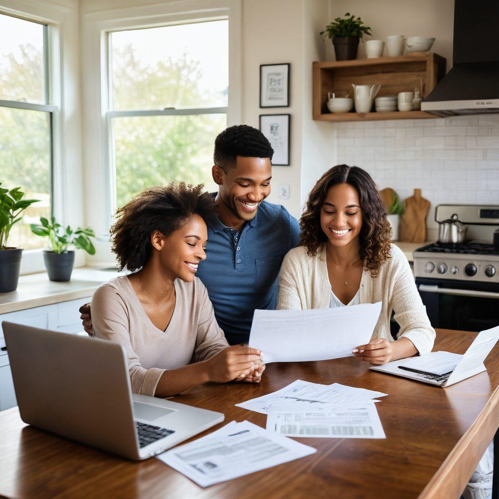 A cozy scene featuring a happy couple reviewing insurance plans over a laptop at their kitchen table, surrounded by papers labeled 'Affordable Coverage' and 'Best Insurance Plans'. Bright sunlight streaming through a window enhances the positive atmosphere, while a small potted plant adds a touch of warmth. The couple appears relaxed and engaged, reflecting a sense of ease in finding the right coverage together. super-realistic. vibrant colors. warm tones.